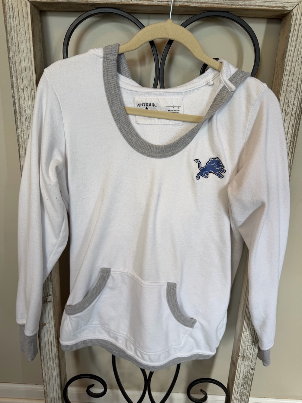 Antigua White Sweatshirt with Gray Trim and Blue Lion Logo